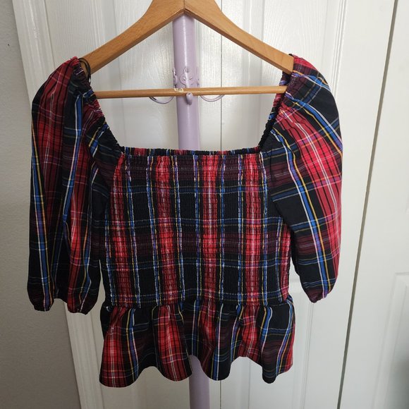 Draper James RSVP Elbow Sleeve Smocked Peplum Top, Size M, Plaid - Picture 2 of 5